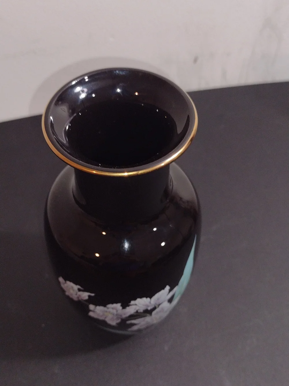 Japanese Weekend Black Ceramic Vase with Pale Pink Floral Design